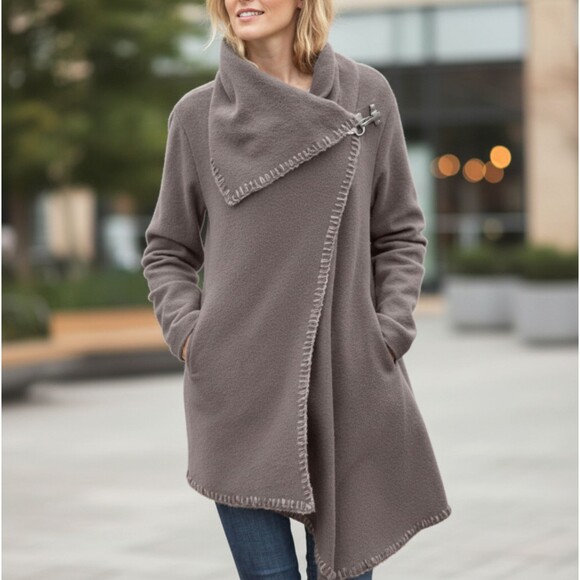 Garnet Hill Asymmetrical Boiled Wool Coat Size 18 XL Metal Clasp Taupe Boho FLAW - Picture 1 of 14